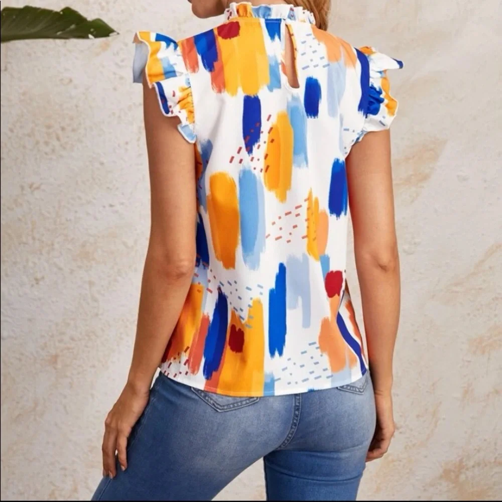 Boho Butterfly Sleeve Mock Neck Watercolor Top - Picture 2 of 5